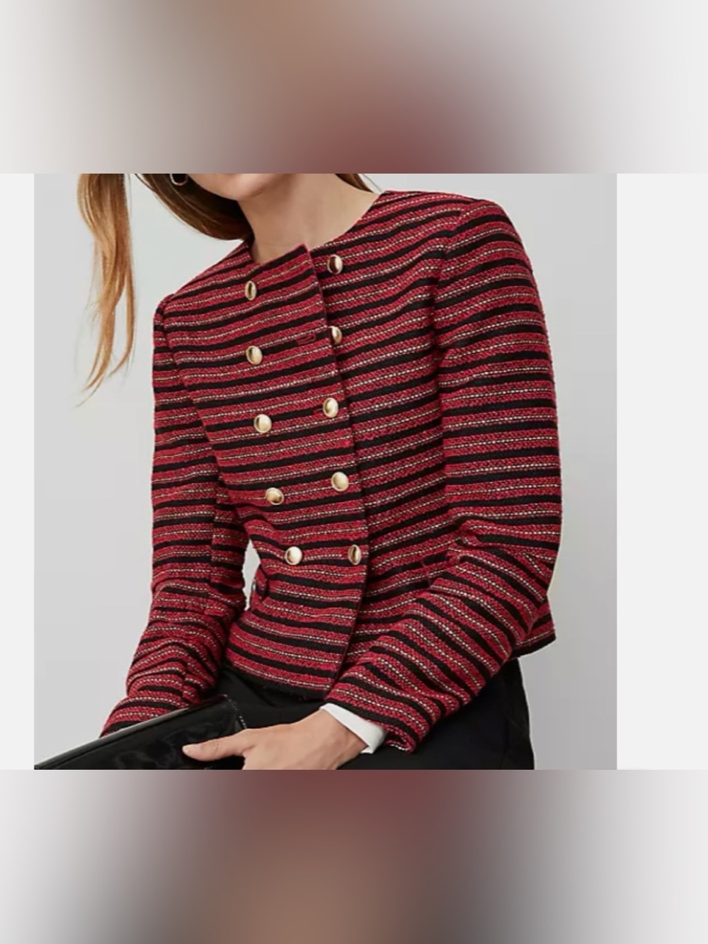 Women's Ann tailor tweet blazer double breast crew neck red stripes 8P